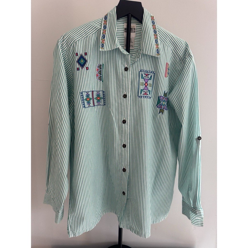 Koret Francisca Embroidered Southwest Striped Button Front Shirt Green White M‎